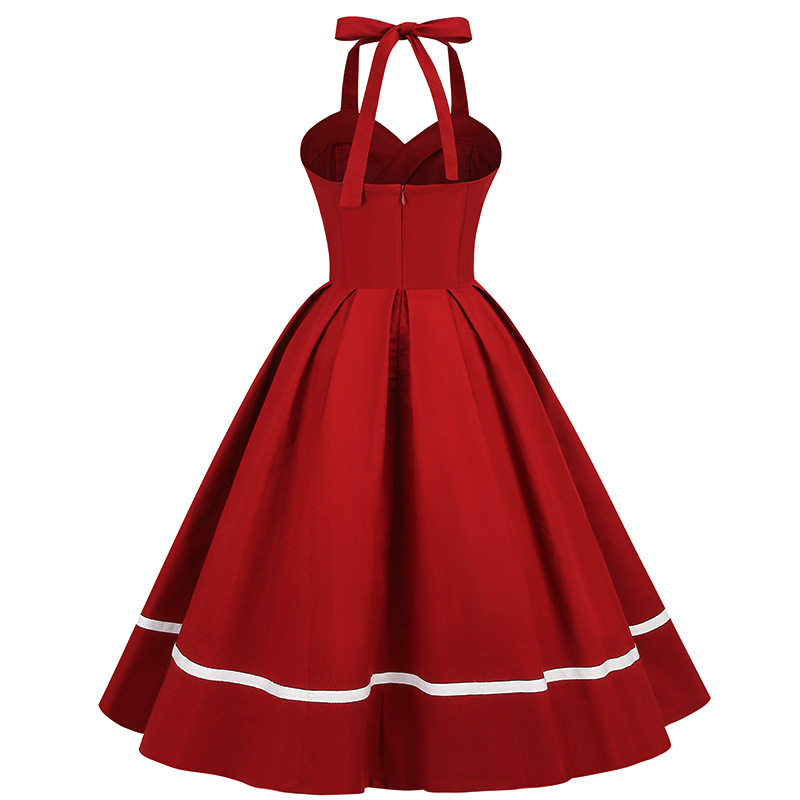 Retro 50S Womens Vintage Spliced Halter Sleeveless A-Line Dress Ponchy Dress